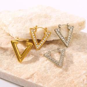 Boucles D Oreilles Créoles En Forme De V Acier Inoxydable Plaqué Or 18 Carats Strass Géométrique Bijoux Élégants