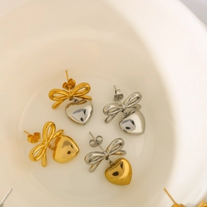 French bow heart drop earrings in 18K gold and silver stainless steel minimalist pairs