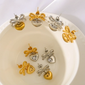 Stainless Steel Bowknot Heart Dangle Earrings 18K Gold Plated Elegant High End Palace Style Jewelry For Women