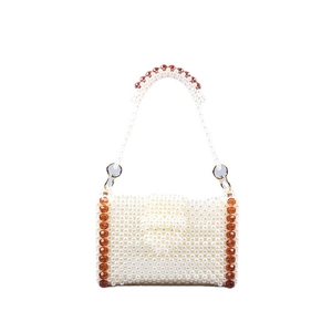 Handmade beaded handbag for women featuring white pearls and amber accent beads