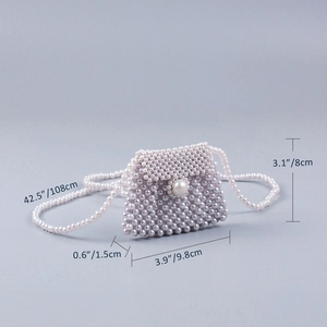 Detail view of mini pearl beaded crossbody bag showing exact dimensions and measurements