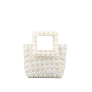 Handmade woven faux pearl tote bag with top handle in elegant creamy white for women