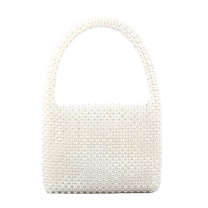 Elegant handmade faux pearl beaded handbag with woven cream white pearls and top handle