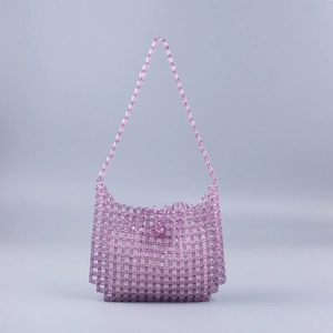 Detailed view of handmade lavender beaded handbag with acrylic grid weave and shoulder strap