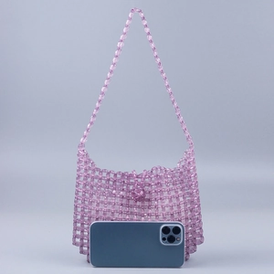 Detailed size comparison of purple beaded handbag with a smartphone showing dimensions