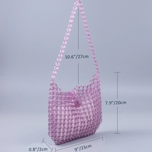 Detailed size chart for handmade purple beaded handbag with strap dimensions shown