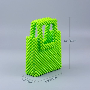 Detailed view of a green hand-woven acrylic beaded bag showing its dimensions