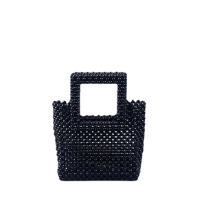 Sac à main fait main en perles noires avec motif tissé géométrique et minimaliste
