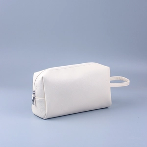 Minimalist beige Saffiano PU leather mini clutch with metal zipper and side handle