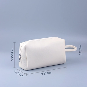 Detailed view of white cross-grain PU leather handbag with specific size measurements