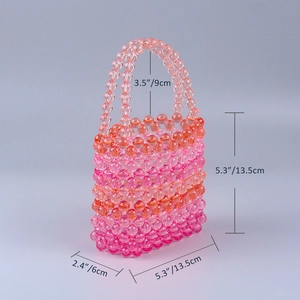 Detailed view of colorful acrylic beaded bucket bag showing dimensions 13.5x13.5x6cm