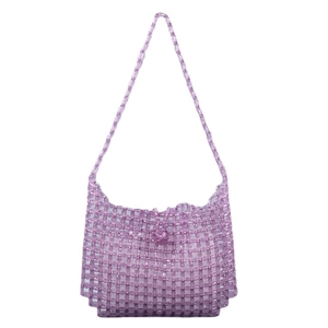 Handmade purple beaded handbag with transparent resin beads and integrated shoulder strap