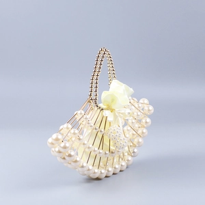 Elegant pearl beaded fan-shaped evening clutch bag with golden metal frame for women