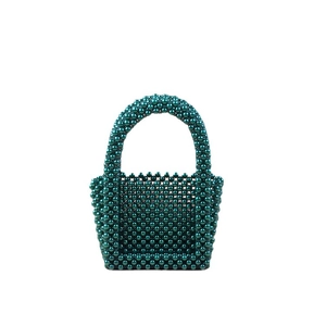 Handmade dark green pearl woven handbag with trapezoid structure and beaded handle