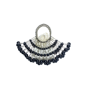 Detail view of fan-shaped beaded clutch featuring black beads and metallic structure