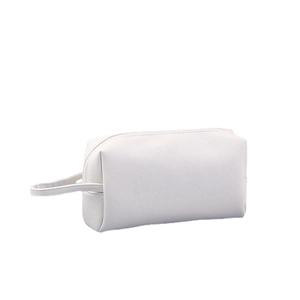 Minimalist white Saffiano leather mini clutch bag with zipper closure and wristlet strap