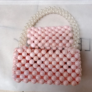 Acrylic Beaded Handbag With Artificial Pearl Handle Handmade Woven Sweet Pink Mini Square Flap Bag For Women