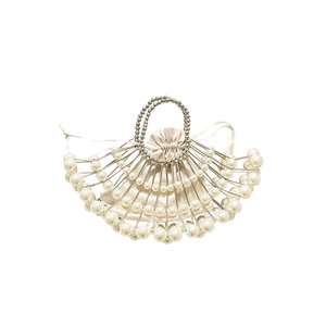 Detail of beaded fan clutch bag with pearls, metal frame and satin drawstring pouch