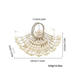 Detail view of pearl beaded fan-shaped evening clutch with dimensions and size specifications