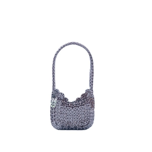 Silver sequin chainmail shoulder bag with crescent shape and integrated top handle for women