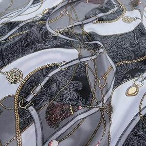 Silk satin square scarf with chain print and equestrian pattern for hair or neck