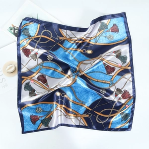 Elegant royal blue satin square scarf with vintage chain and floral print for women