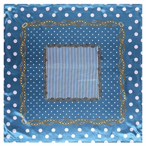 Carré de soie satiné de 90cm bleu marine à pois blancs, rayures et imprimé chaîne dorée