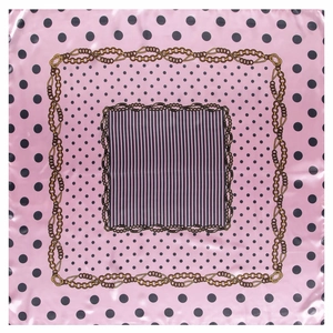 Foulard carré 90cm en satin rose avec pois noirs et motif chaîne dorée