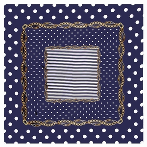 Carré en satin bleu marine 90cm avec pois blancs classiques et imprimé chaîne dorée élégant