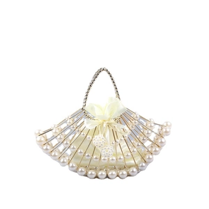 Elegant fan-shaped beaded clutch bag with white pearls and gold metal frame detailing