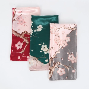 Three elegant satin square scarves with classical floral plum blossom print in various colors