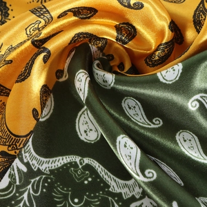 Vintage paisley print silk satin square scarf with yellow and green contrast tones