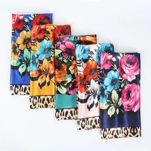 Satin silk scarf with leopard print and floral patterns in five vibrant colors