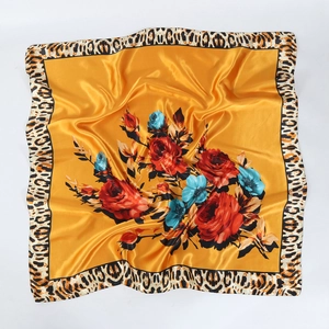 90cm satin square scarf with leopard print border and red rose floral pattern