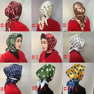 Collage of 90cm satin silk scarves featuring classic polka dot prints in various colors