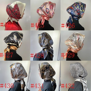 Collage of nine 90cm satin square scarves featuring vintage floral and geometric patterns
