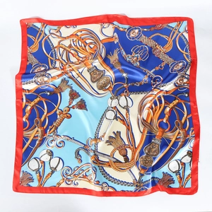 Elegant 90cm square satin scarf featuring vintage equestrian motifs and vibrant color block