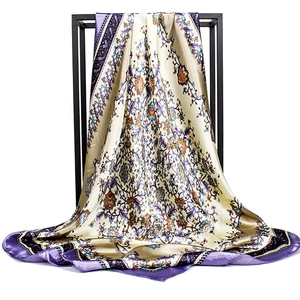 Elegant 90cm satin square scarf featuring vintage lotus floral print and purple borders