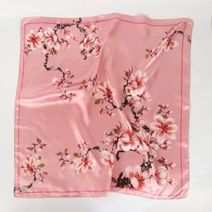 Pink silk-like floral square scarf 90cm with elegant Chinese magnolia pattern print