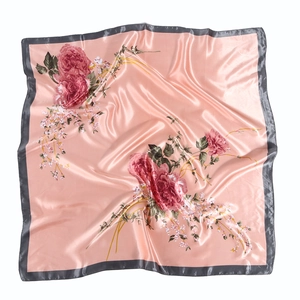 Elegant 90cm pink floral satin square scarf with dark grey borders and peony pattern