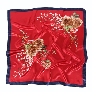 Elegant 90cm red satin square scarf with floral pattern and navy blue borders