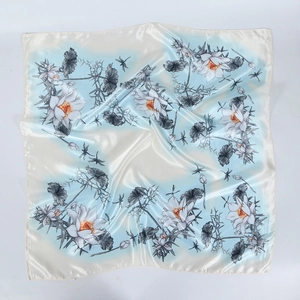 90cm silk square scarf with elegant lotus and dragonfly print in blue and white