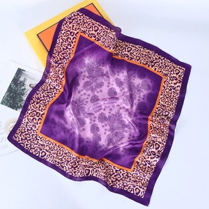 Elegant 70cm square leopard print silk scarf in purple and orange with floral patterns
