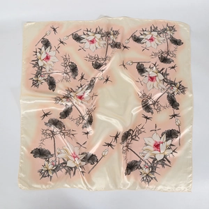 90cm beige square silk scarf with elegant floral lotus patterns and smooth satin luster