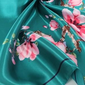 90cm teal silk scarf with elegant pink floral magnolia print and satin finish