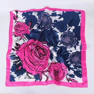 Carré de soie satiné de 90 cm avec imprimé rose bleu et rose pour femme, foulard élégant