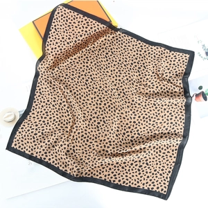 70cm leopard print silk-like satin square scarf with black borders on white background
