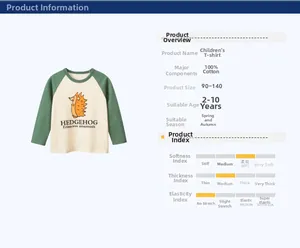 Détail du t-shirt enfant en coton avec manches raglan, imprimé hérisson et tableau de tailles