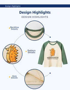 Vue détaillée de l'encolure, de l'imprimé hérisson et des coutures du t-shirt enfant