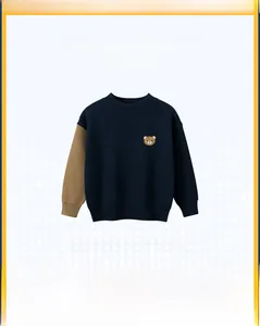 Detailed embroidery of cartoon bear on blue and brown long sleeve knit sweater for kids